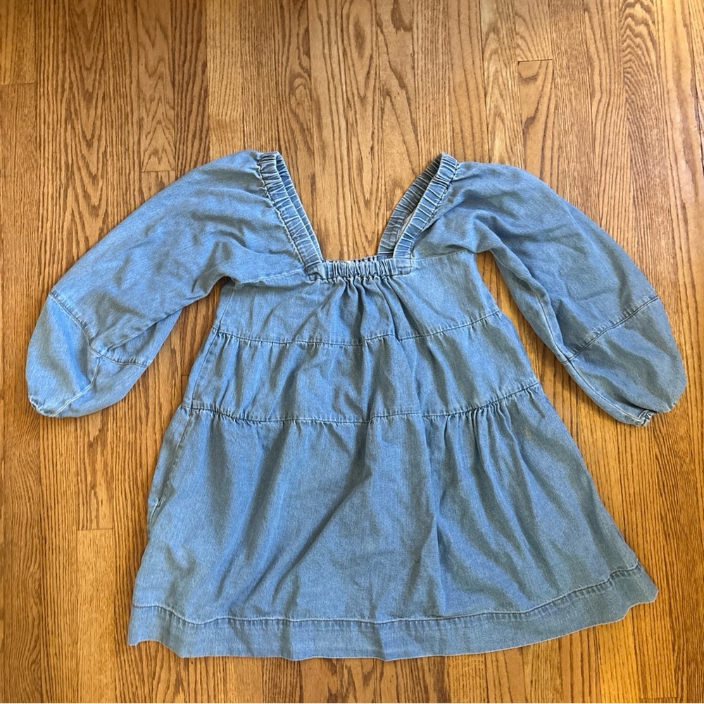 Free People Lou Jean Square Neck Denim Tiered Mini Babydoll Dress - Small